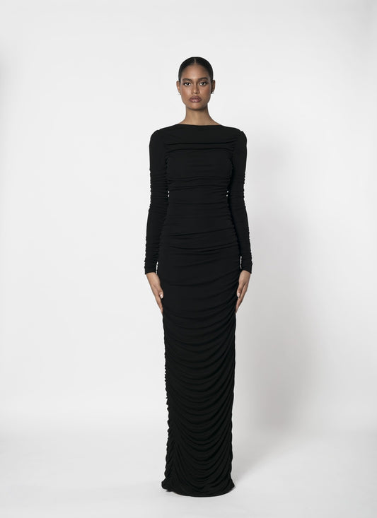 DRAPED MATTE JERSEY GOWN WITH EMBROIDERED ROPE