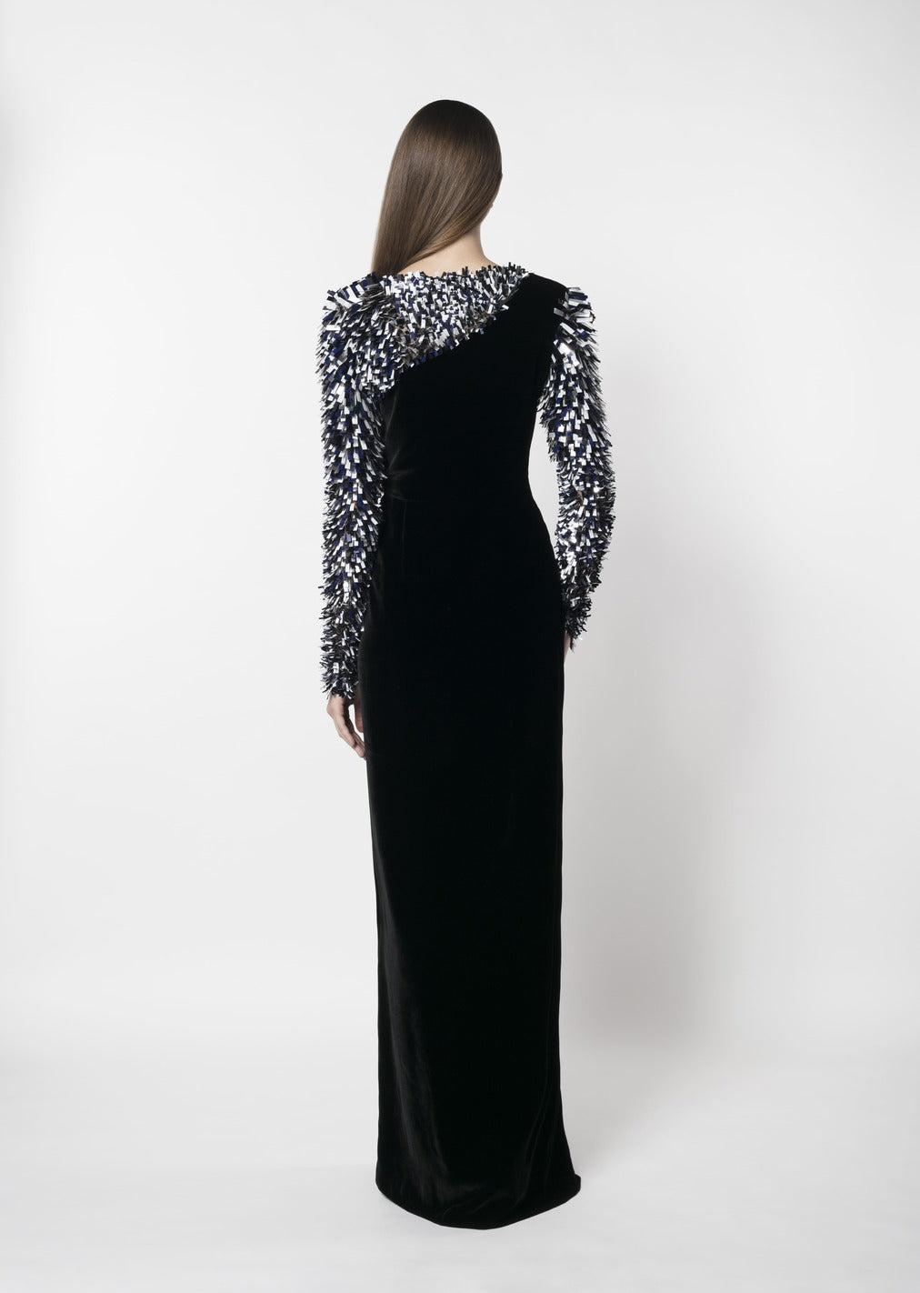 EMBROIDERED TULLE AND VELVET EVENING GOWN