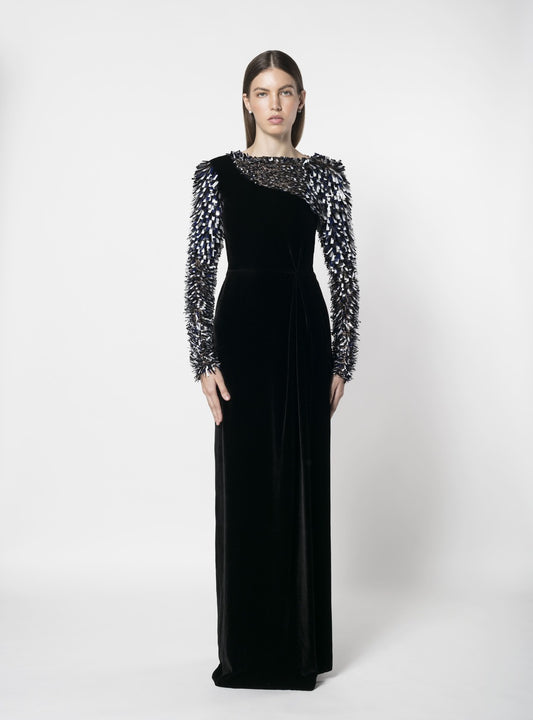 EMBROIDERED TULLE AND VELVET EVENING GOWN