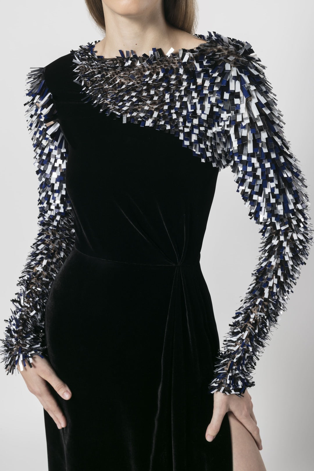 EMBROIDERED TULLE AND VELVET EVENING GOWN