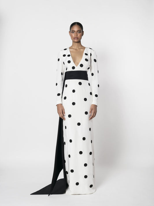 EMBROIDERED SILK CREPE POLKA DOT GOWN WITH SILK FAILLE SASH