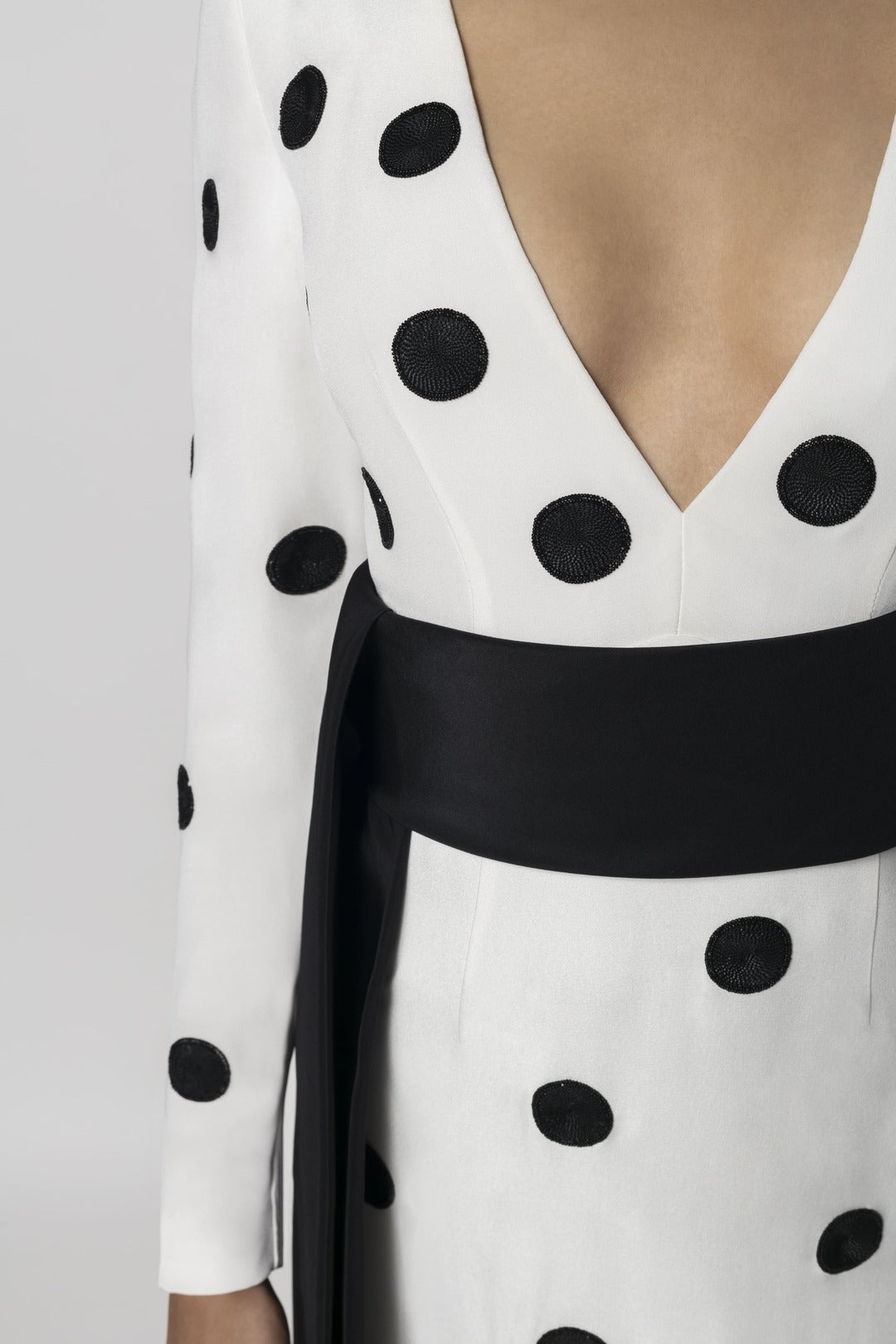 EMBROIDERED SILK CREPE POLKA DOT GOWN WITH SILK FAILLE SASH