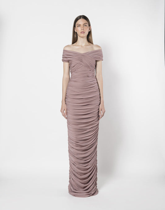 OFF-SHOULDER RUCHED SILK CHIFFON GOWN