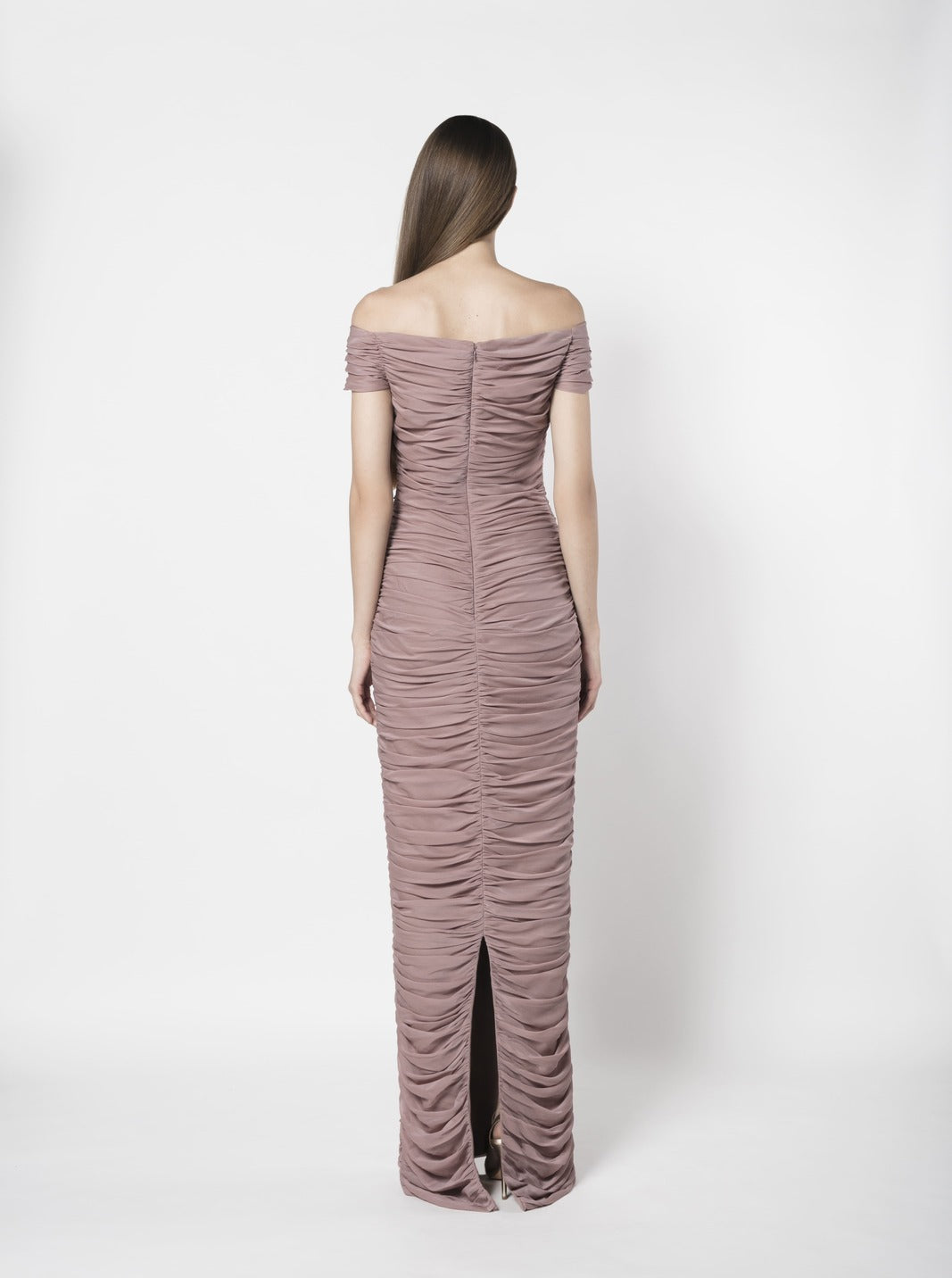 OFF-SHOULDER RUCHED SILK CHIFFON GOWN