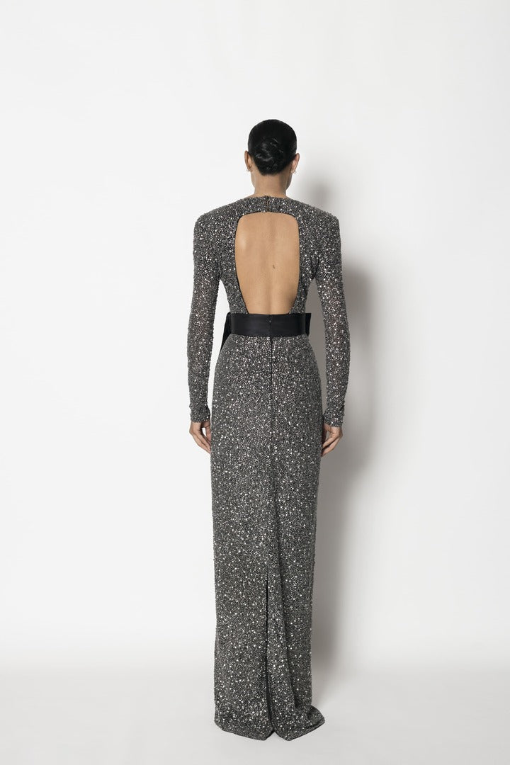 EMBROIDERED TULLE EVENING GOWN WITH SILK DUCHESS SATIN BOW