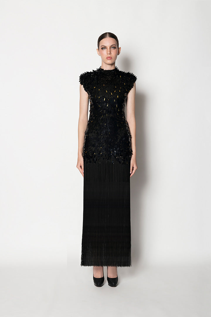 EMBROIDERED TULLE AND FRINGE DRESS