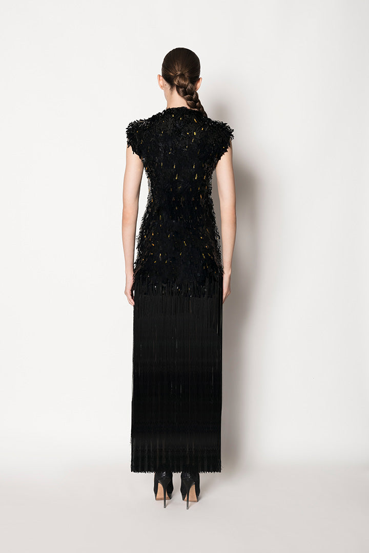 EMBROIDERED TULLE AND FRINGE DRESS