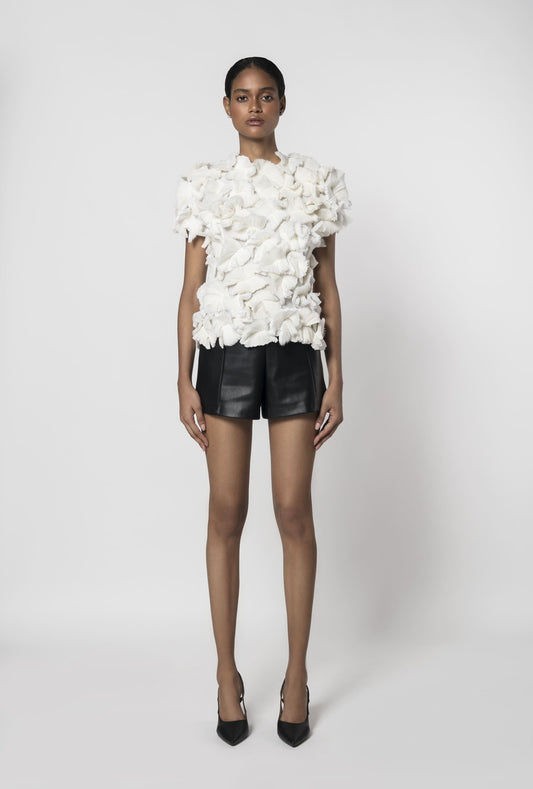 PLEATED BUTTERFLY APPLIQUÉ CHIFFON TOP