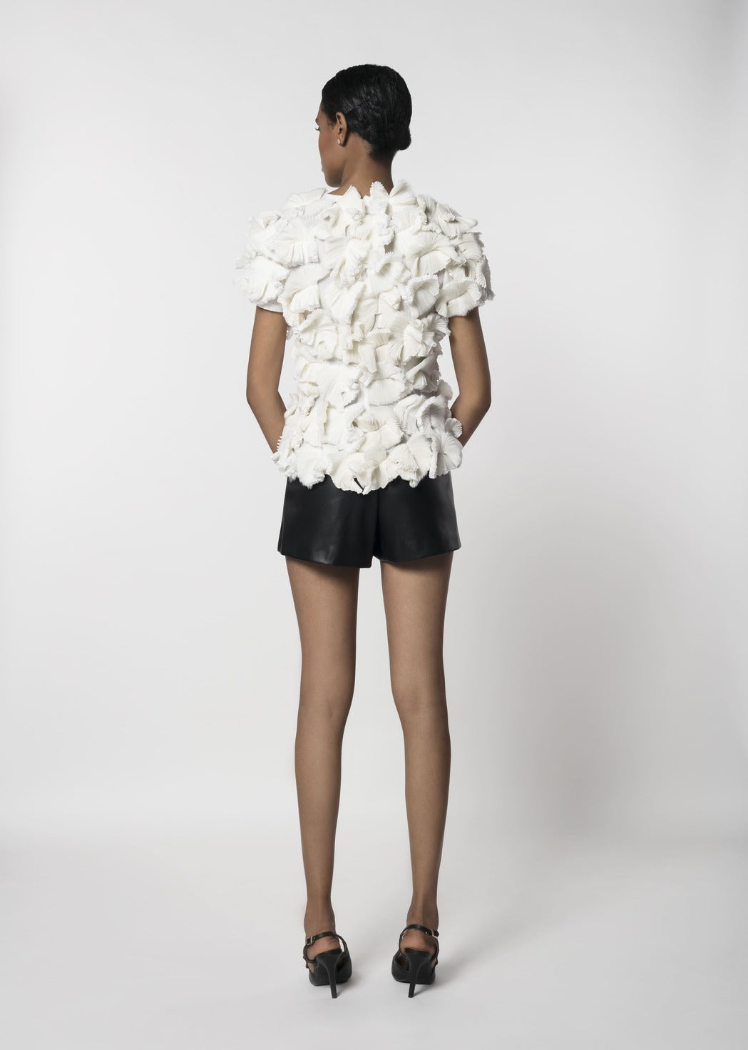 PLEATED BUTTERFLY APPLIQUÉ CHIFFON TOP