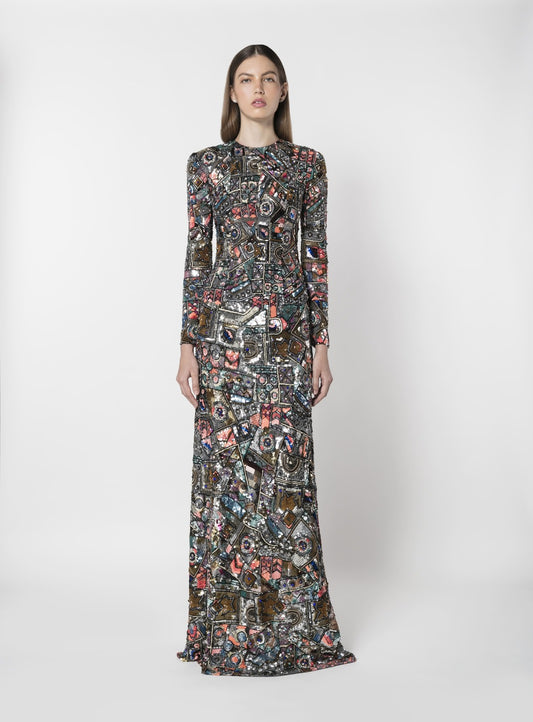 EMBROIDERED TULLE EVENING GOWN LONG