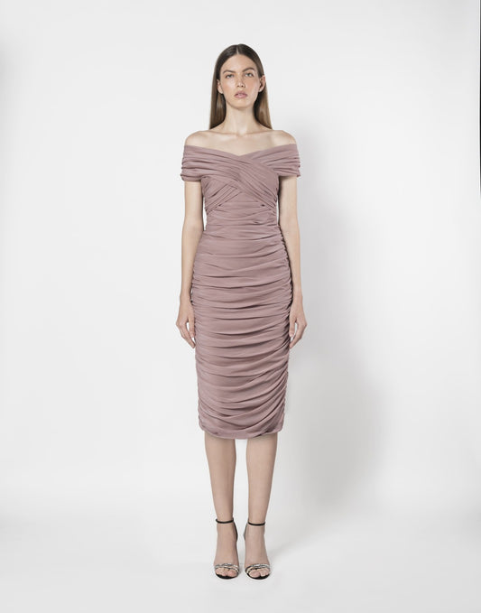 OFF-SHOULDER RUCHED SILK CHIFFON GOWN