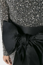 EMBROIDERED TULLE EVENING GOWN WITH SILK DUCHESS SATIN BOW