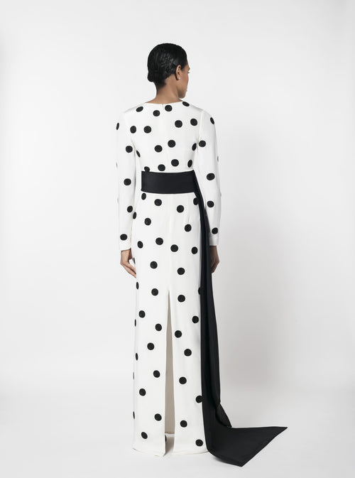 EMBROIDERED SILK CREPE POLKA DOT GOWN WITH SILK FAILLE SASH