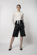 PLEATED GROSGRAIN BIB AND BOW LACE TOP