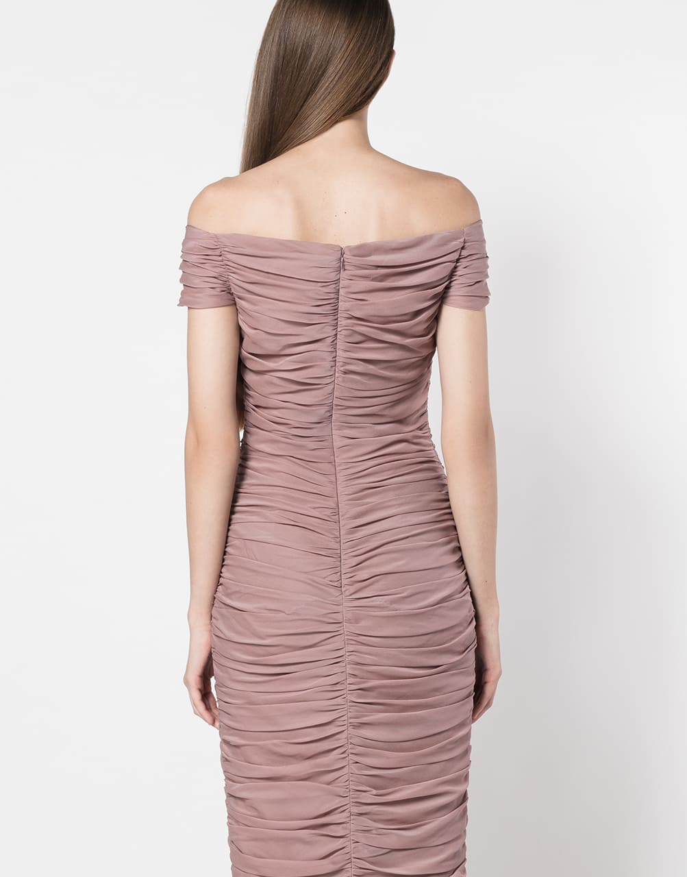 OFF-SHOULDER RUCHED SILK CHIFFON GOWN